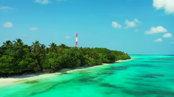 Aerial drone scenery of paradise seashore beach time by blue sea and white sand background of a picn alt