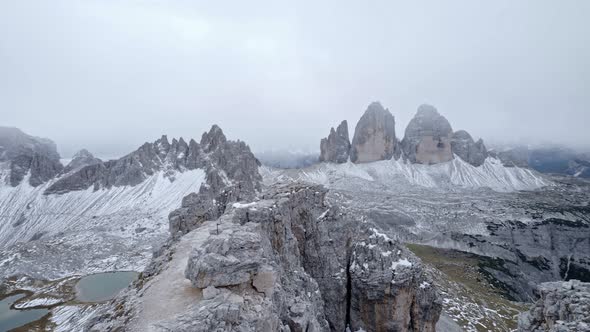 View of famous Tre Cime peaks from the mountain Toblinger Knoten. 