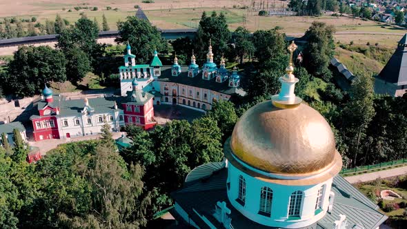 Aerial View at the Walls of the Holy Dormition Pskovo-Pechersky Monastery. Pechory, Russia.