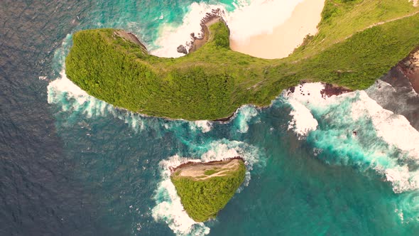Aerial view above of Thousand Islands Viewpoint cliff, Indonesia. alt