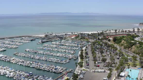 Forward Aerial Pan of Boats Docked at a Marina in Santa Barbara California alt