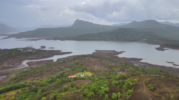 lonavala rainy season view hill station near by river drone shot bird eye view alt