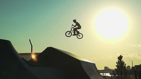 A cyclist on a BMX makes a jump against the background of the sunset alt