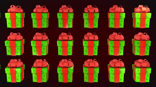 Multiple christmas presents are magically appearing in the burgundy background alt