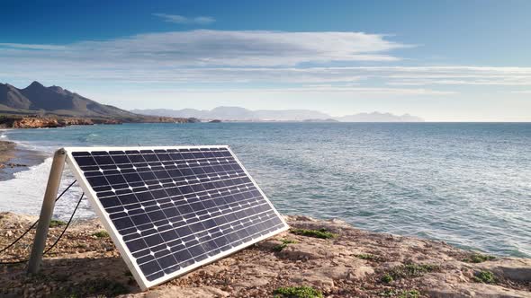 Solar Panel Outdoors on Sea Coast.