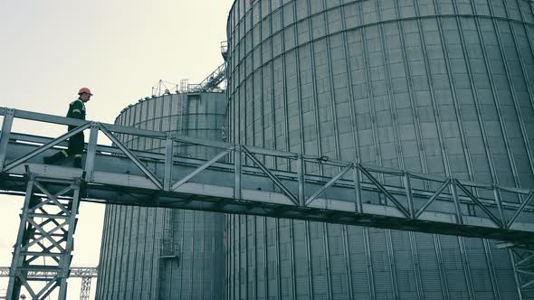 Agronomist Farmer Checking Grain Soybean and Wheat Storage Tanks alt