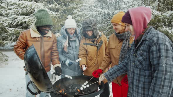 Friends Roasting Marshmallow on Fire in Winter Forest alt