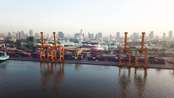 Aerial top view of container cargo ship in the export and import business and logistics alt