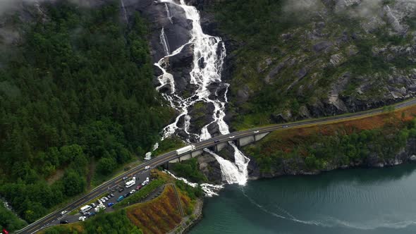 Drone Flying Close To Beautiful Tall Waterfall In Norway, Drone Stock Footage By Drone Rune 2 alt