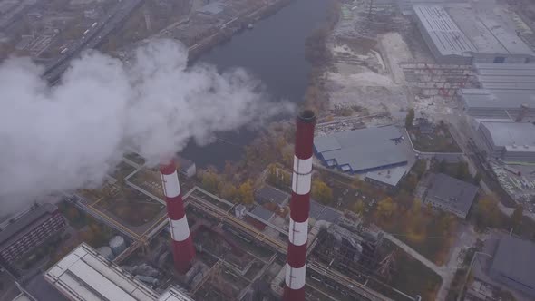 Smoke Comes From the Chimney. Aerial. Air Pollution. Ecology. Kyiv. Ukraine. alt