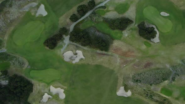 Drone top down view of popular golf course at Bandon Dunes, Oregon, USA alt