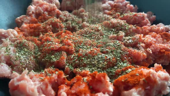 Sprinkle seasonings on a piece of fresh red minced meat alt