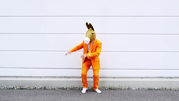 Businessman wearing donkey mask dancing in front of white wall