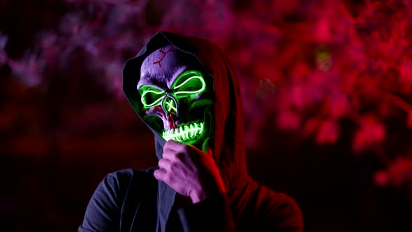 Enigmatic Figure of Person with Skull Mask on Face and Hood on Head Glowing in Darkness alt