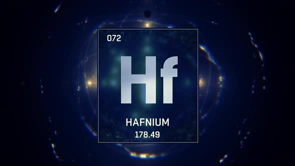 Hafnium as Element 72 of the Periodic Table on Blue Background in English Language