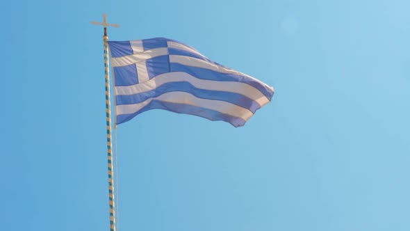 Greece Flag and Clear Blue Sky Among the Aegean Sea, Greek Islands, Greece, Sign of Greece
