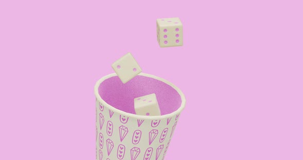 Minimal motion 3d art. Plastic cup with design pattern and dice moves in pink abstract space.