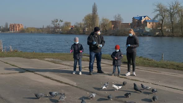 Mom dad son and daughter in medical masks feed pigeons in a Park on the lake