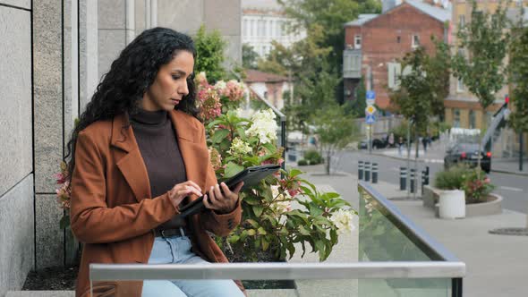 Serious Focused Busy Pensive Business Woman with Digital Tablet Girl with Modern Wireless Gadget alt