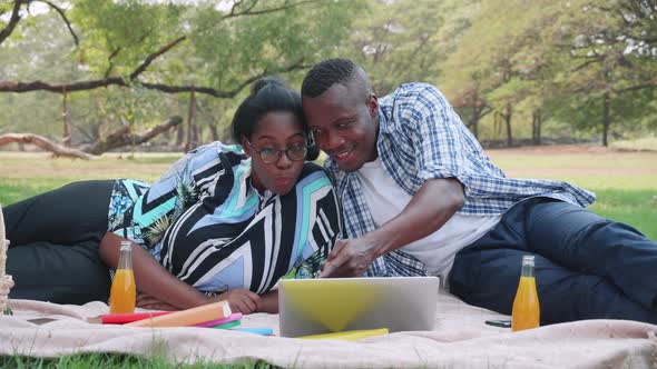 Romantic African American couple having picnic and watch movie on laptop in the park, dating