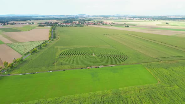 Aerial view of cornfield maze, Poland