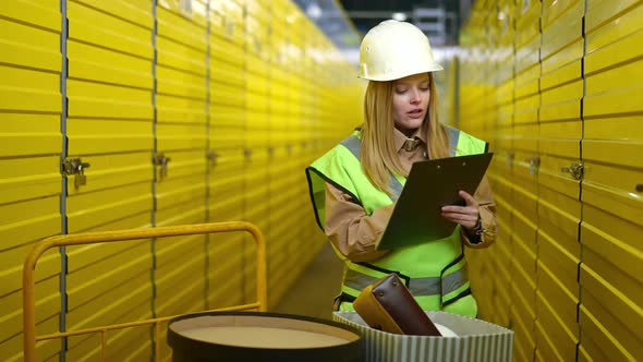 Female Confident Inspector Examining Stuff in Warehouse Writing with Pen in Documents alt