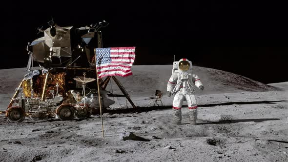 Astronaut jumping on the moon and saluting the American flag