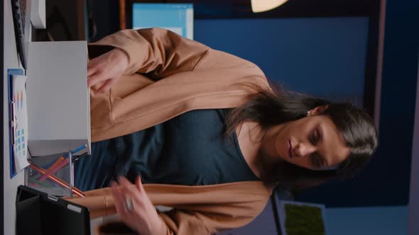 Dismissed Unhappy Businesswoman Packing Company Stuff Putting in White Box alt