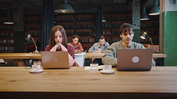 Focused Millennial Students of International University Studying Remotely at Library alt