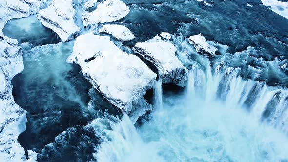Godafoss Aerial Shot Famous Waterfall in Iceland Frozen Waterfall in Winter a Magical Winter alt