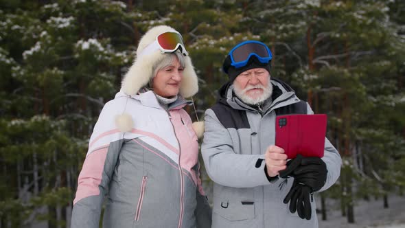 Active Pensioners Spend Time in Winter Forest Filming a Video on a Smartphone Camera Background of
