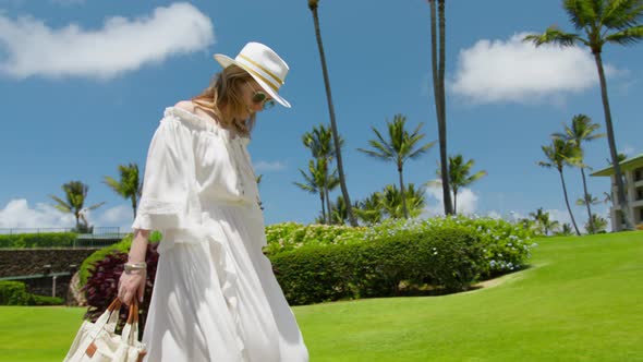 Slow Motion Smiling Woman Walking By Tropical Island on Sunny Summer Day RED 6K alt