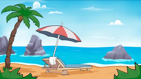 Animation of beach with sun bed lounger and umbrella.