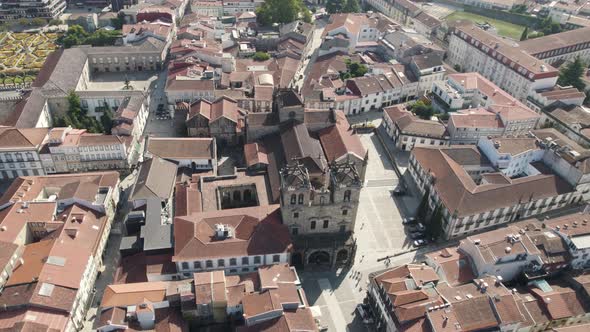 Facade of the Cathedral of Braga (Se de Braga). Aerial orbiting around the Roman Catholic church alt