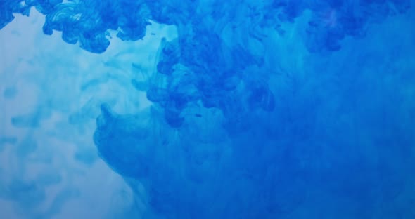 Blue Color Paint Ink Drops in Water at White Background. Inky Cloud Flowing Underwater. Abstract alt