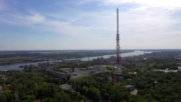 Aerial Drone Footage of Kherson City Green Trees River TV Tower Ukraine