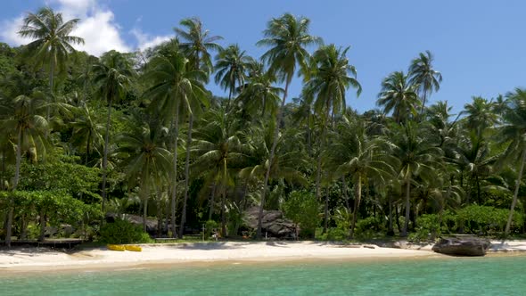 White sandy beach with coconut palm trees. Koh Kood, Thailand. PAN RIGHT TO LEFT alt