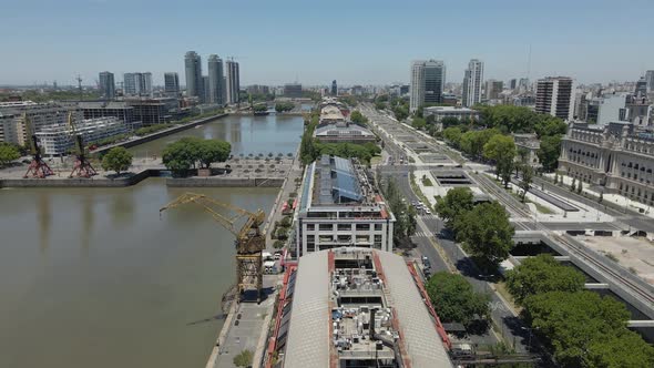 Aerial View Of Puerto Madero Skyscrapers And Rio Plata River In Buenos Aires, Argentina. - Drone Sho alt