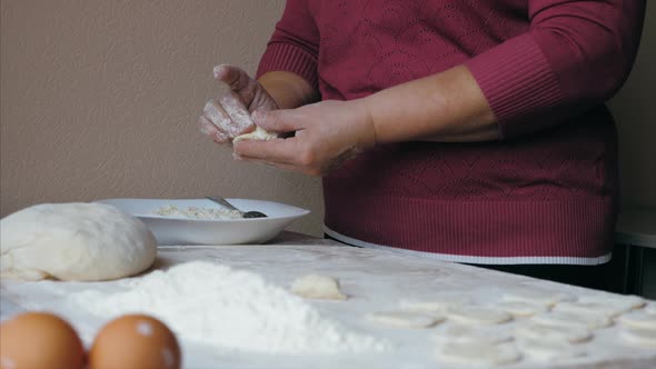 Mature Female Hands Making Dumplings with Cheese at Home Kitchen