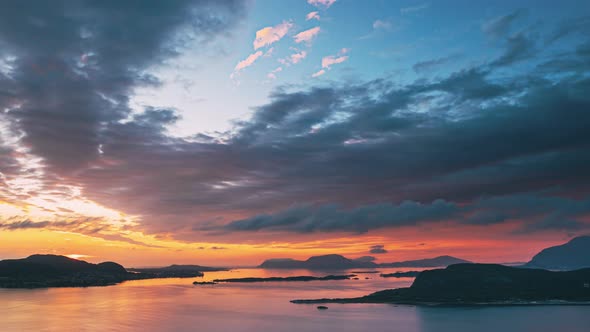 Alesund, Norway. Amazing Natural Bright Dramatic Sky In Warm Colours Above Alesund Valderoya And alt