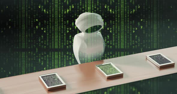 4k 3D Ai Robot searching for something, looking around. Information cubes keep sliding alt