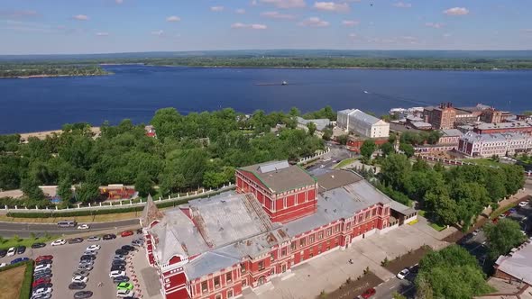 Samara City on Volga River with Amazing Old Buildings and Park Aerial View