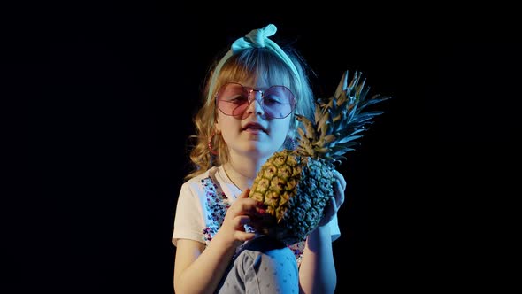 Trendy Stylish Girl with Pineapple Telling Something Waving Bye Winking at Disco Party Club alt