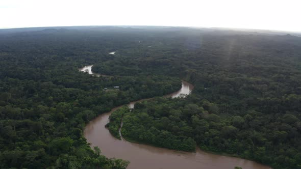 Aerial view of a tropical river meandering through a tropical forest alt