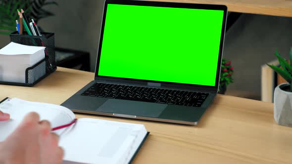 Green screen mock up display laptop concept: online education video conference call webcam computer alt