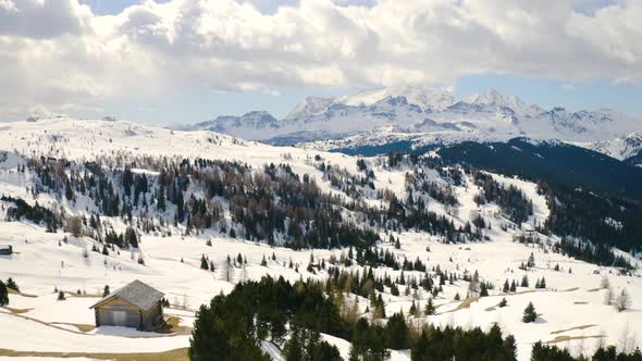 Aerial, Beautiful View On Snowy Dolomites Mountains, Huge Peaks And Beautiful Winter Landscape