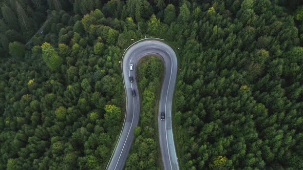 Cars Driving At Hairpin Turn In Mountain Pass With Lush Forest In Romania - Hairpin Corner. - aerial alt