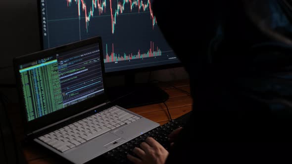 Thief Technical Genius Fraudster Hacker Steals Cryptocurrency at Night Enters Computer Codes