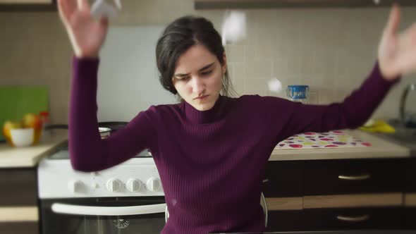 Upset a Young Girl in a Rage Throws Up Pieces of Paper Negative Emotions alt