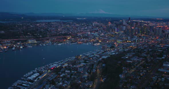 Seattle Aerial West Lake Union Queen Anne Hill City Skyline Mount Rainer Dusk Evening Building alt